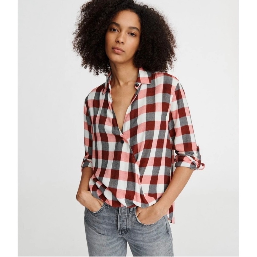 Rag & Bone Buffalo Check Wrap Blouse Red Black Small Roll Tab Sleeve